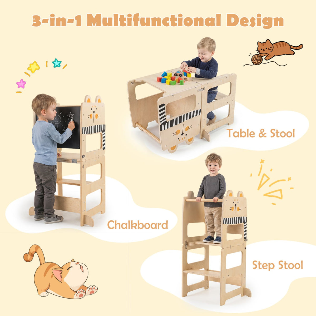 3-in-1 Wooden Kids Toddler Kitchen Step Stool with Blackboard-Black&White-Toddler & Kids Furniture-DECOROLALA
