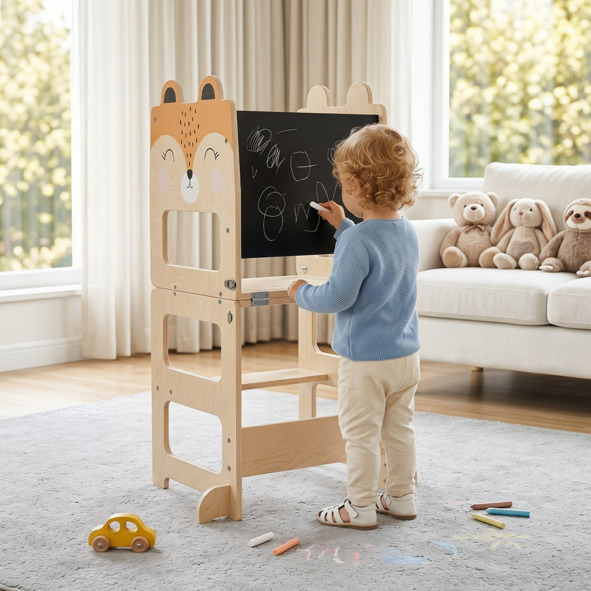 3-in-1 Wooden Kids Toddler Kitchen Step Stool with Blackboard-Orange-Toddler & Kids Furniture-DECOROLALA
