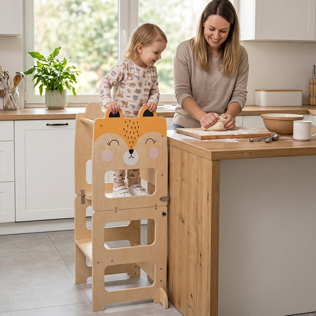 3-in-1 Wooden Kids Toddler Kitchen Step Stool with Blackboard-Orange-Toddler & Kids Furniture-DECOROLALA