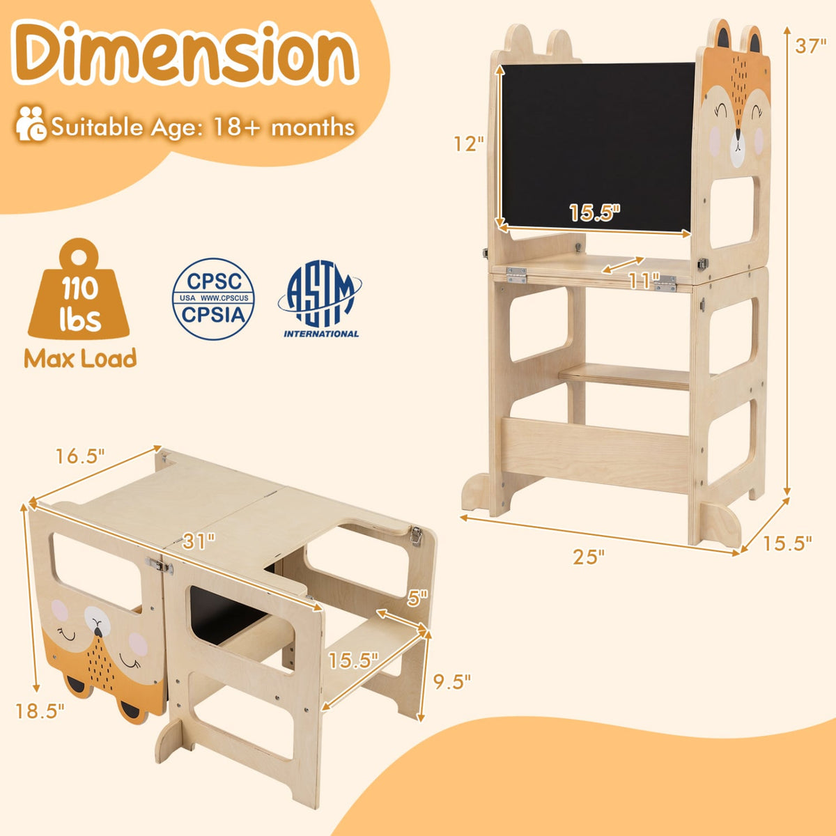 3-in-1 Wooden Kids Toddler Kitchen Step Stool with Blackboard-Orange-Toddler & Kids Furniture-DECOROLALA