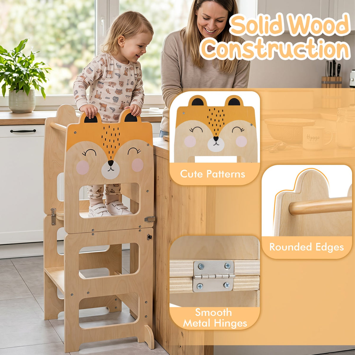 3-in-1 Wooden Kids Toddler Kitchen Step Stool with Blackboard-Orange-Toddler & Kids Furniture-DECOROLALA