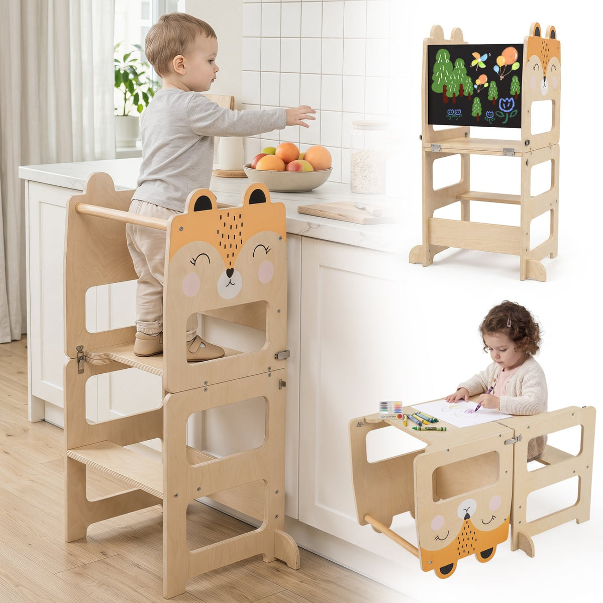 3-in-1 Wooden Kids Toddler Kitchen Step Stool with Blackboard-Orange-Toddler & Kids Furniture-DECOROLALA