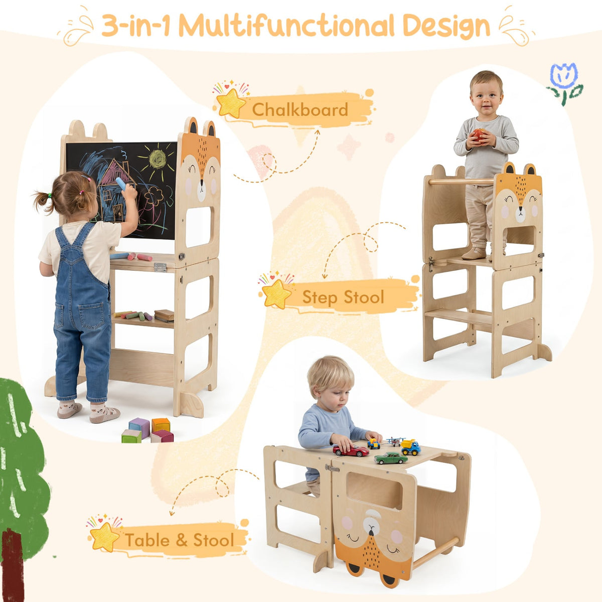 3-in-1 Wooden Kids Toddler Kitchen Step Stool with Blackboard-Orange-Toddler & Kids Furniture-DECOROLALA