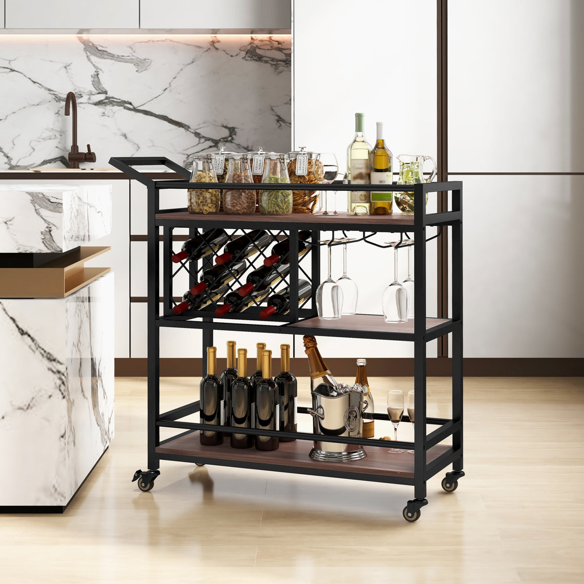 3-tier Bar Cart on Wheels Home Kitchen Serving Cart with Wine Rack and Glasses Holder-Brown-Kitchen Islands & Carts-DECOROLALA