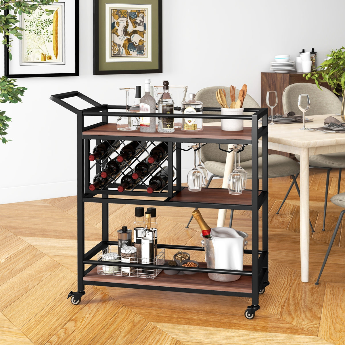 3-tier Bar Cart on Wheels Home Kitchen Serving Cart with Wine Rack and Glasses Holder-Brown-Kitchen Islands & Carts-DECOROLALA