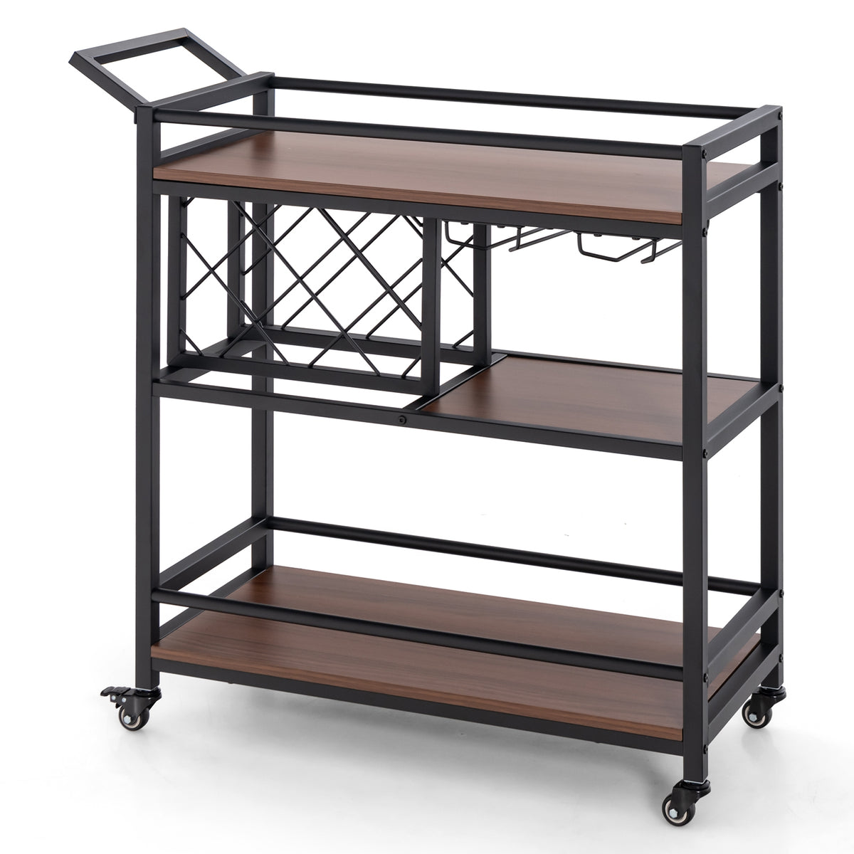 3-tier Bar Cart on Wheels Home Kitchen Serving Cart with Wine Rack and Glasses Holder-Brown-Kitchen Islands & Carts-DECOROLALA