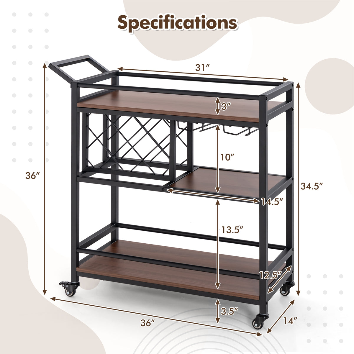 3-tier Bar Cart on Wheels Home Kitchen Serving Cart with Wine Rack and Glasses Holder-Brown-Kitchen Islands & Carts-DECOROLALA