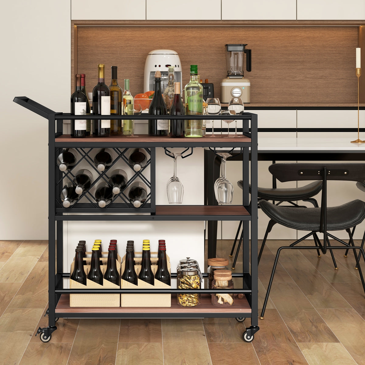 3-tier Bar Cart on Wheels Home Kitchen Serving Cart with Wine Rack and Glasses Holder-Brown-Kitchen Islands & Carts-DECOROLALA