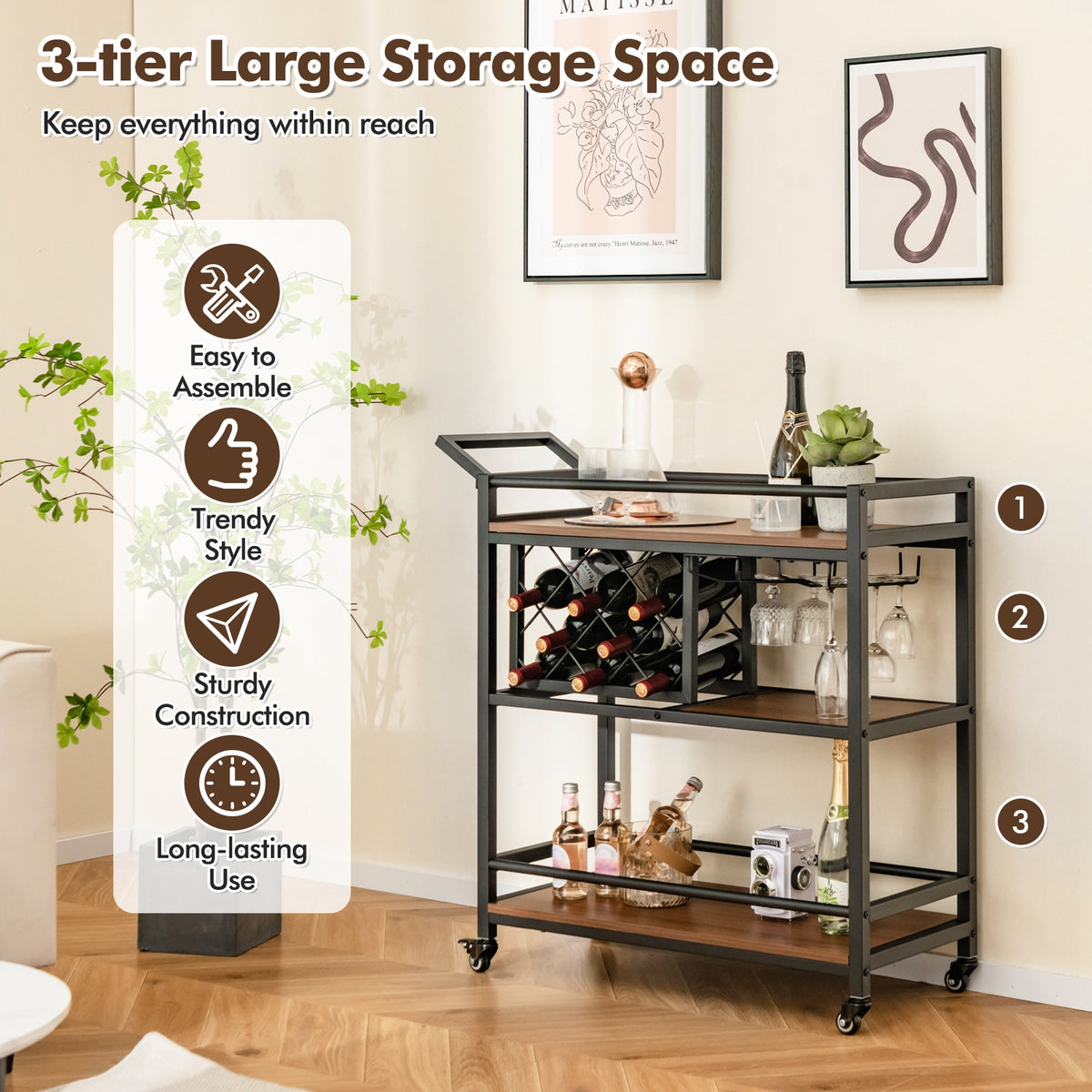 3-tier Bar Cart on Wheels Home Kitchen Serving Cart with Wine Rack and Glasses Holder-Brown-Kitchen Islands & Carts-DECOROLALA