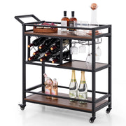 3-tier Bar Cart on Wheels Home Kitchen Serving Cart with Wine Rack and Glasses Holder-Brown-Kitchen Islands & Carts-DECOROLALA