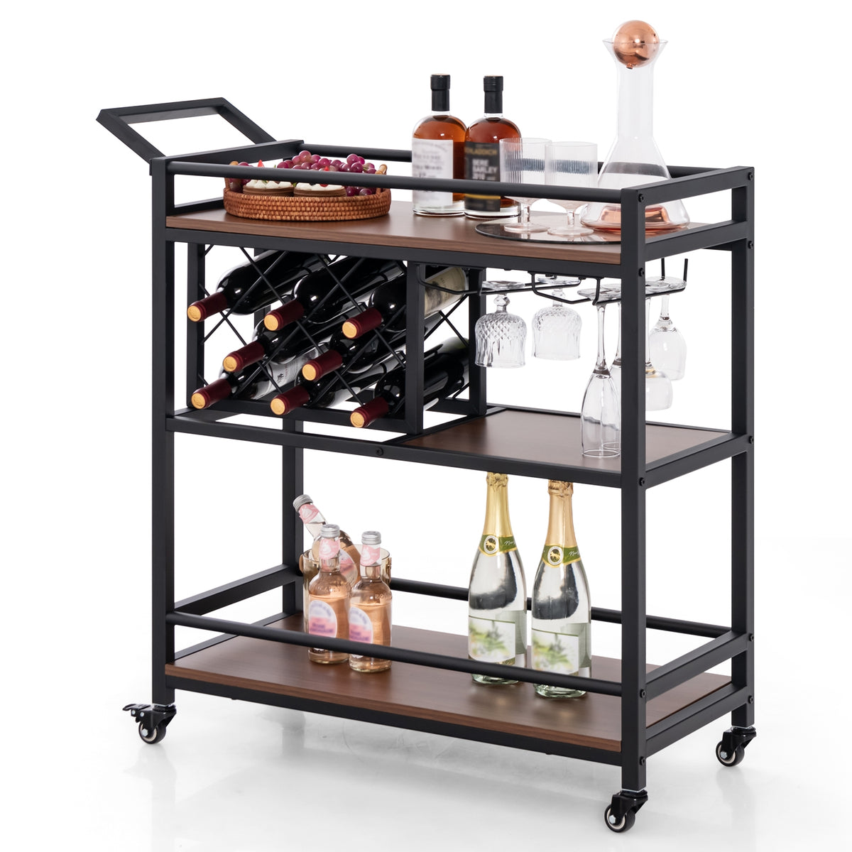3-tier Bar Cart on Wheels Home Kitchen Serving Cart with Wine Rack and Glasses Holder-Brown-Kitchen Islands & Carts-DECOROLALA