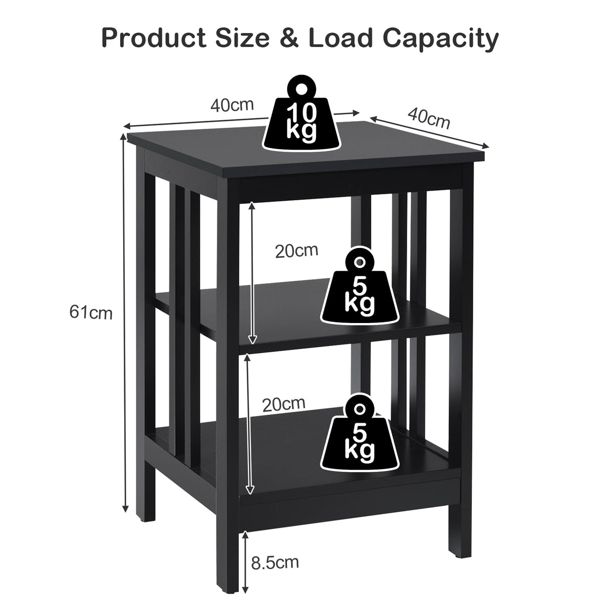3-tier Side Table Nightstand with Stable Structure-Black-End & Side Tables-DECOROLALA