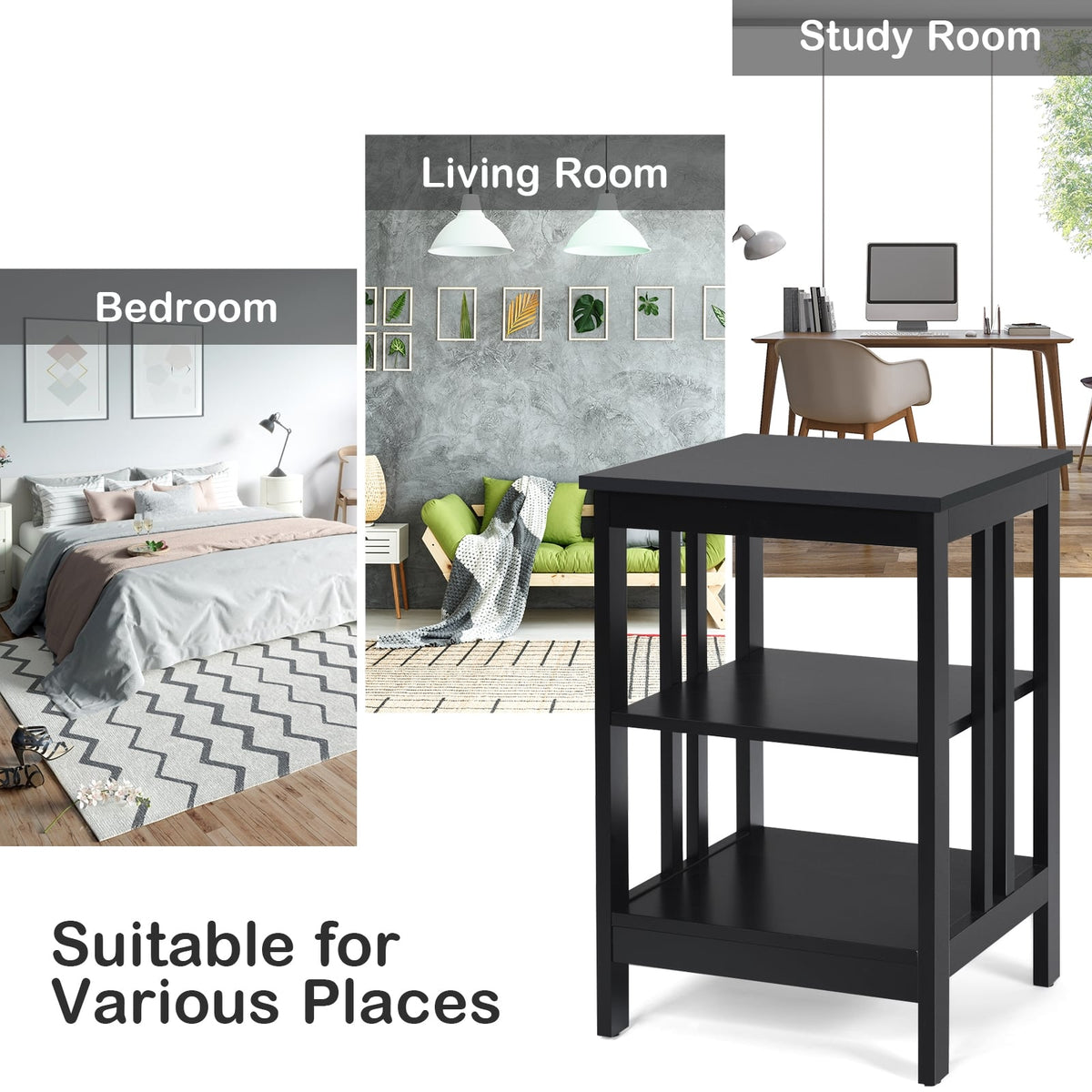 3-tier Side Table Nightstand with Stable Structure-Black-End & Side Tables-DECOROLALA