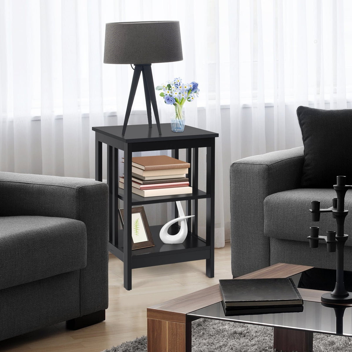 3-tier Side Table Nightstand with Stable Structure-Black-End & Side Tables-DECOROLALA