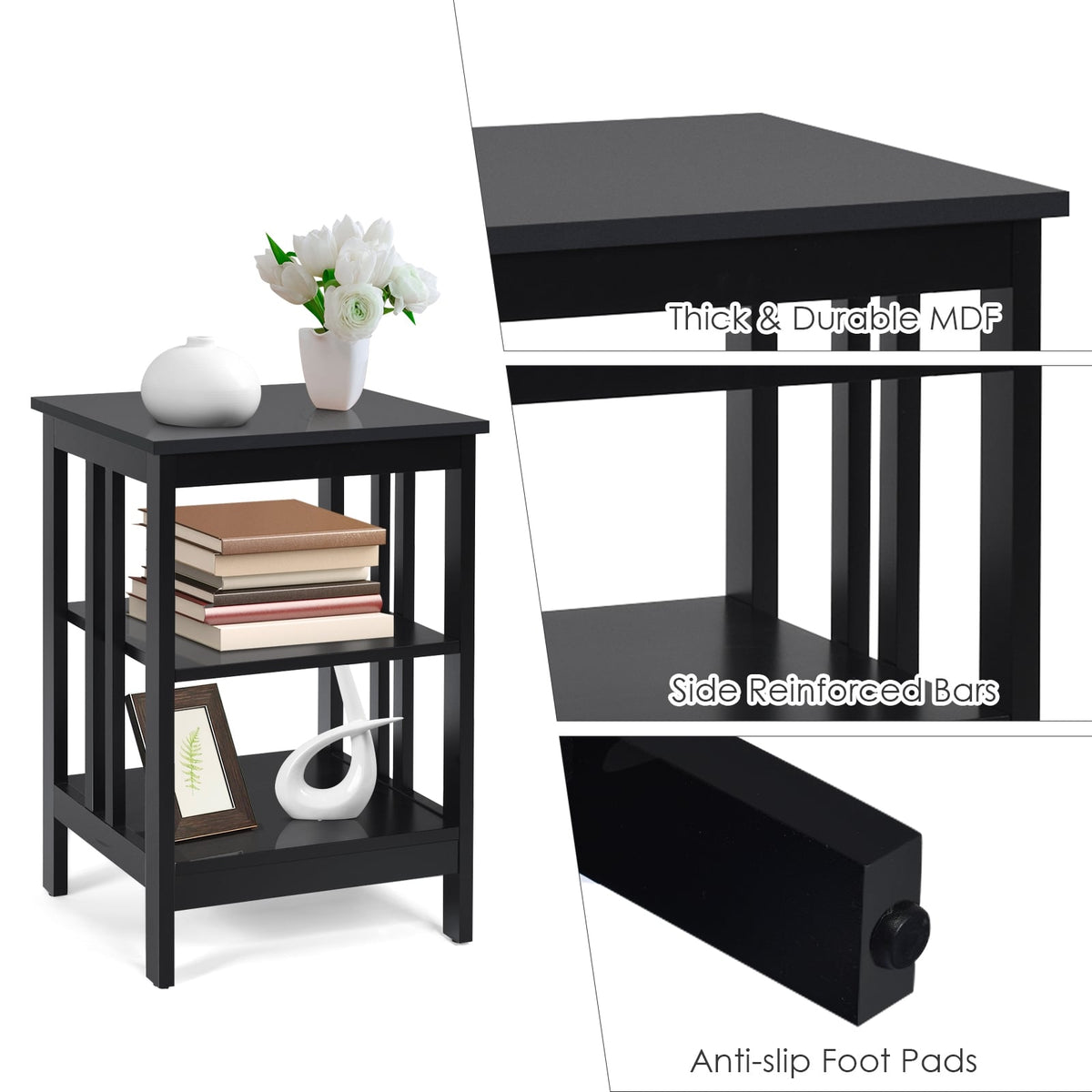 3-tier Side Table Nightstand with Stable Structure-Black-End & Side Tables-DECOROLALA