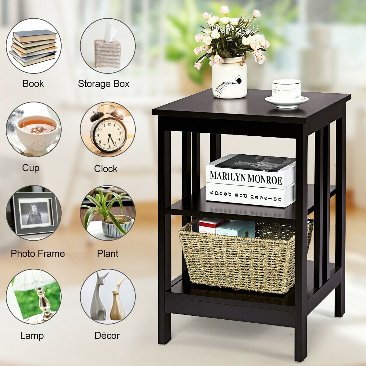 3-tier Side Table Nightstand with Stable Structure-Dark Brown-End & Side Tables-DECOROLALA