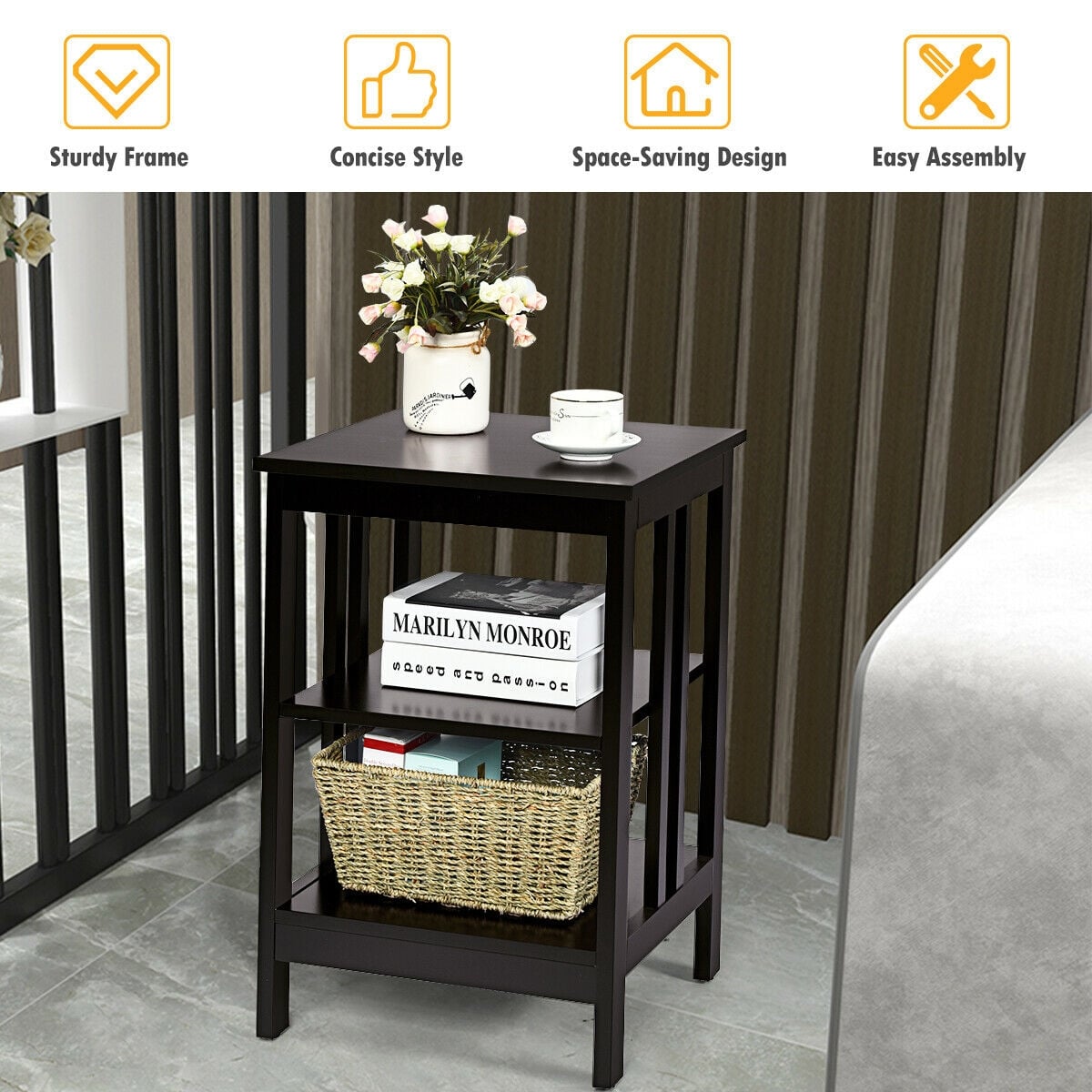 3-tier Side Table Nightstand with Stable Structure-Dark Brown-End & Side Tables-DECOROLALA