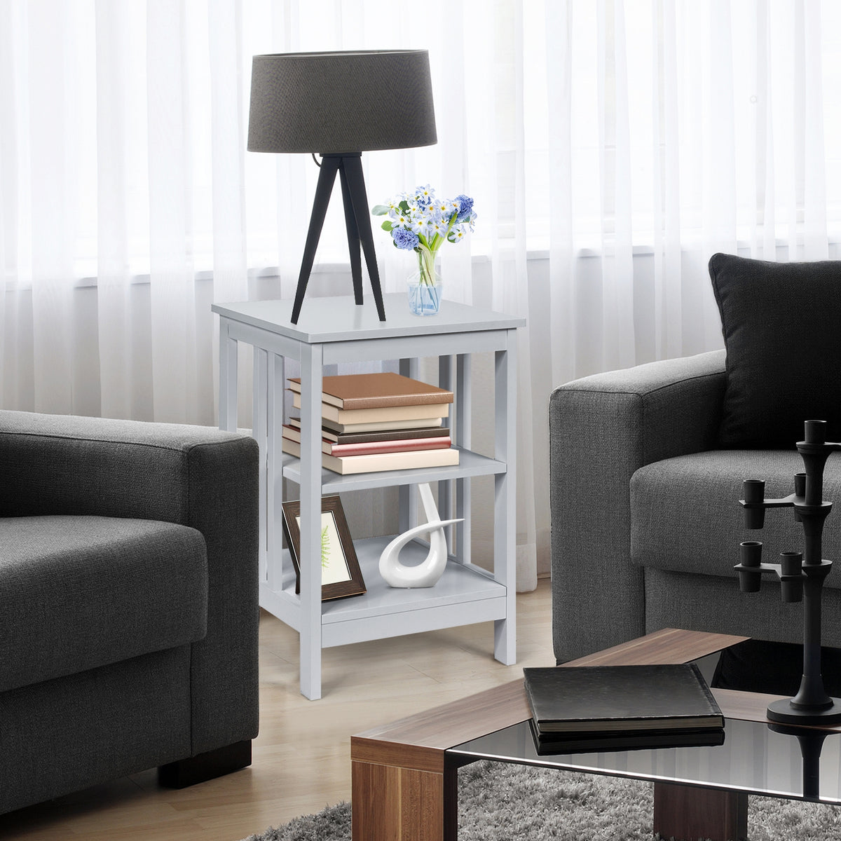 3-tier Side Table Nightstand with Stable Structure-Gray-End & Side Tables-DECOROLALA