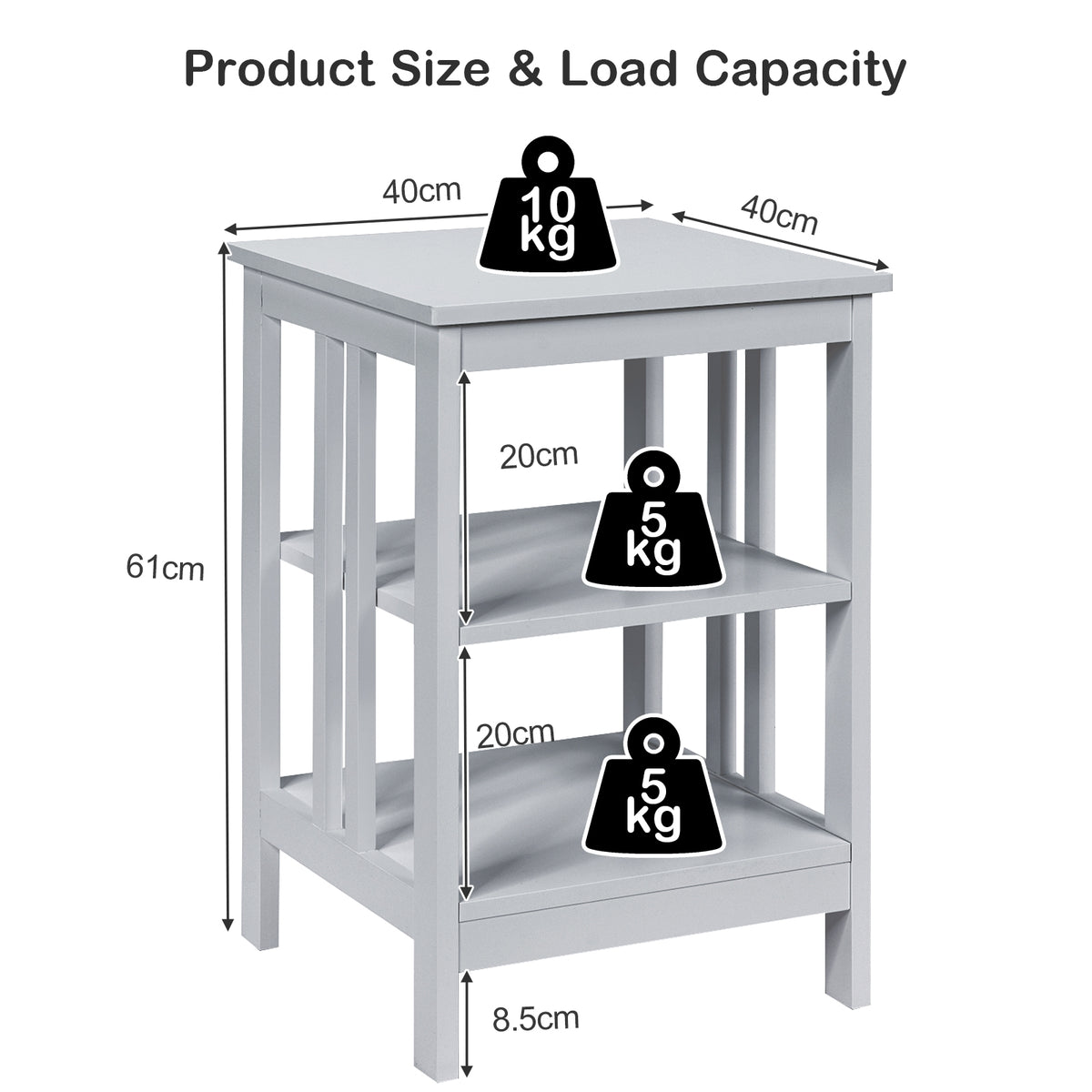3-tier Side Table Nightstand with Stable Structure-Gray-End & Side Tables-DECOROLALA
