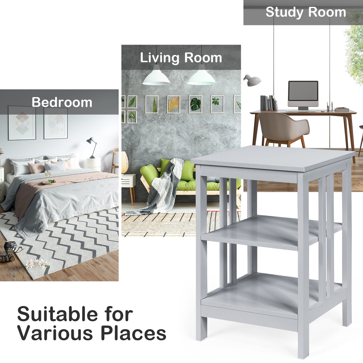 3-tier Side Table Nightstand with Stable Structure-Gray-End & Side Tables-DECOROLALA