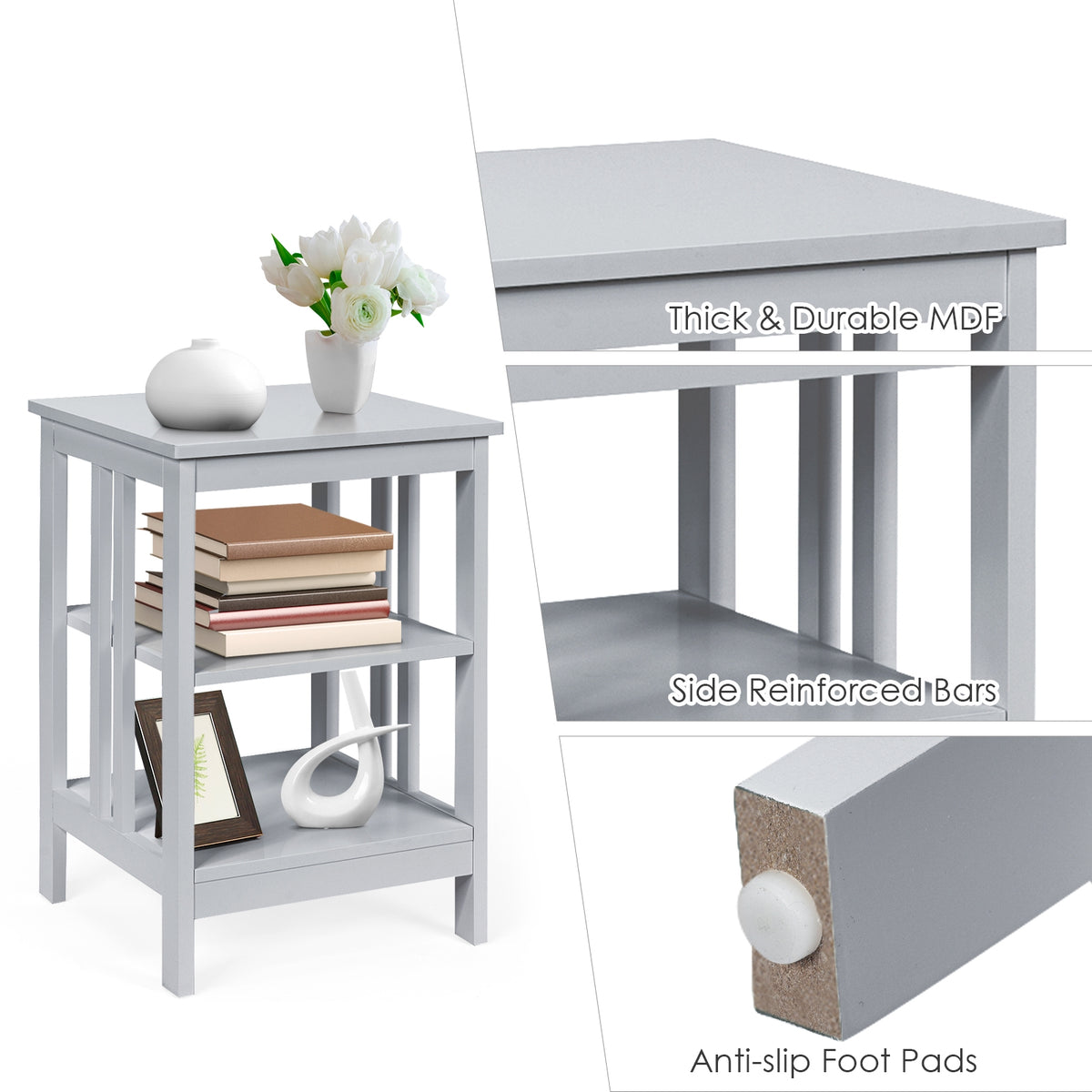 3-tier Side Table Nightstand with Stable Structure-Gray-End & Side Tables-DECOROLALA