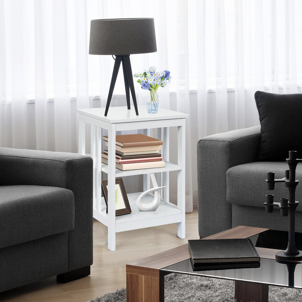 3-tier Side Table Nightstand with Stable Structure-White-End & Side Tables-DECOROLALA