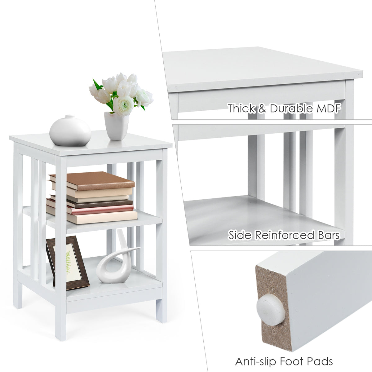 3-tier Side Table Nightstand with Stable Structure-White-End & Side Tables-DECOROLALA