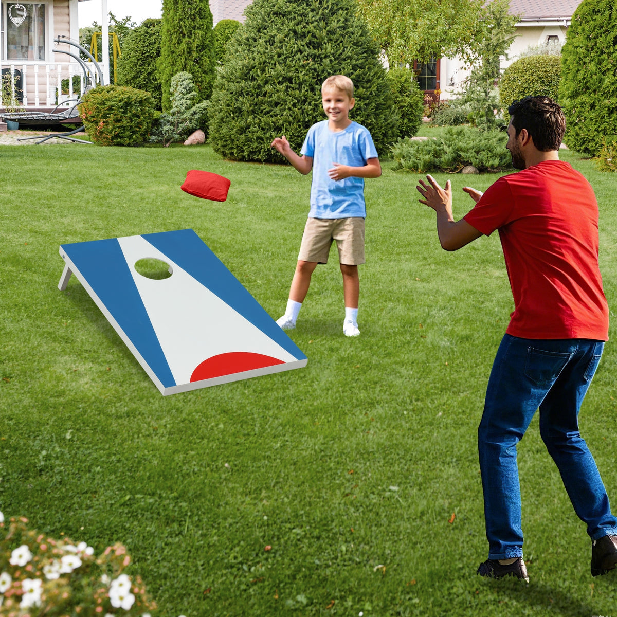 Ensemble de planches de cornhole de 3 x 2FT, planche de cornhole portable avec pieds pliables et poignée latérale-Bleu