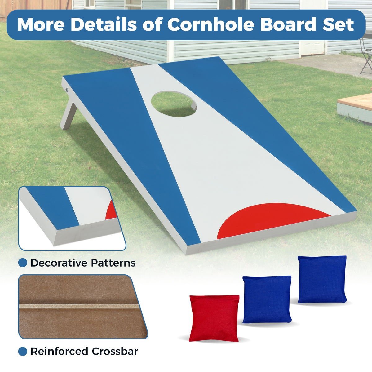 3 x 2FT Cornhole Board Set  Portable Cornhole Board with Foldable Legs and Side Handle-Blue