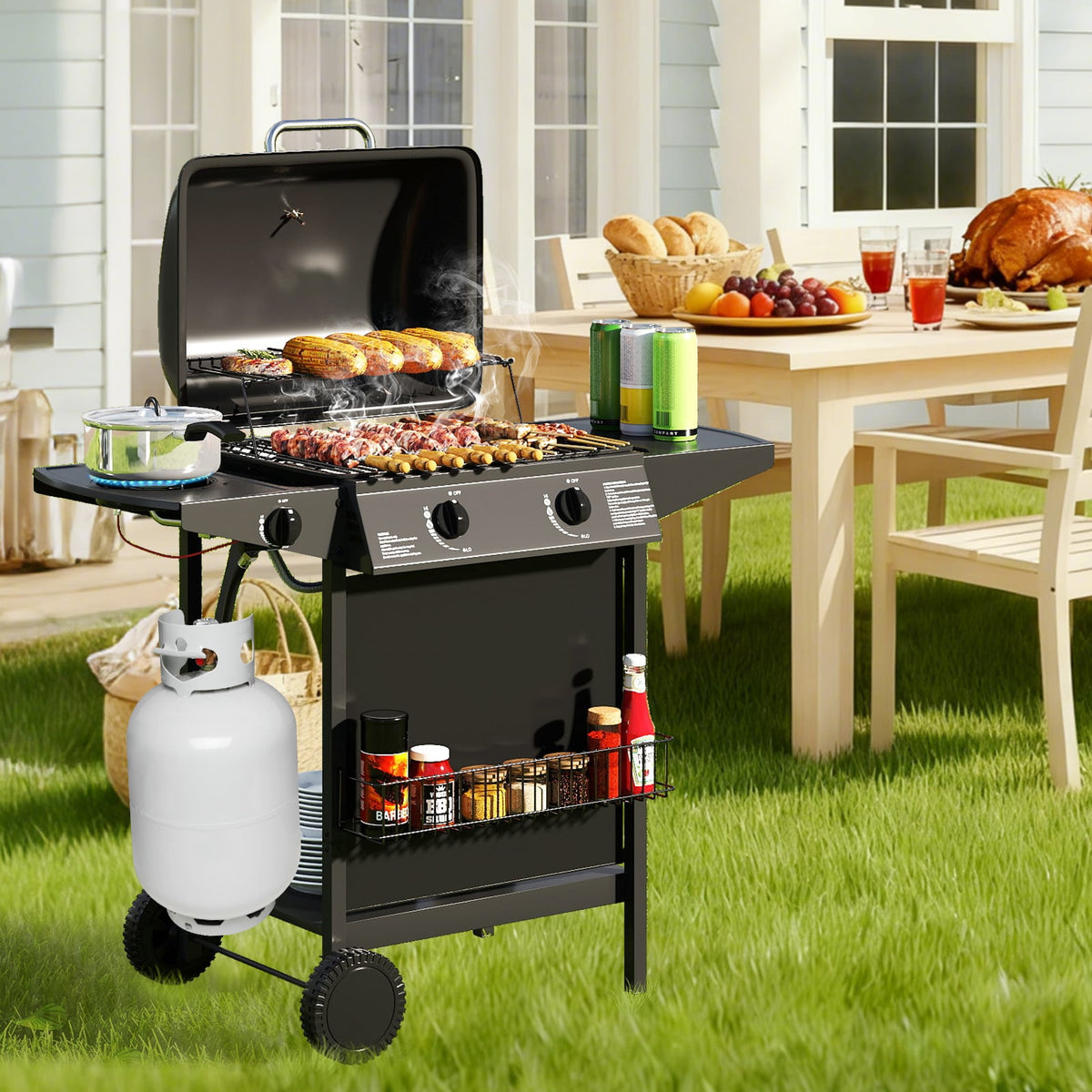 30 000 BTU Outdoor Burner Propane Gas Grill on Wheels-Black-Outdoor Grills-DECOROLALA