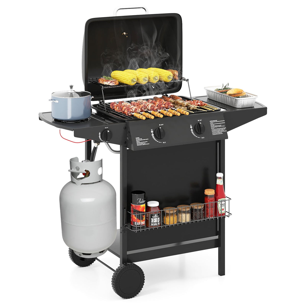30 000 BTU Outdoor Burner Propane Gas Grill on Wheels-Black-Outdoor Grills-DECOROLALA