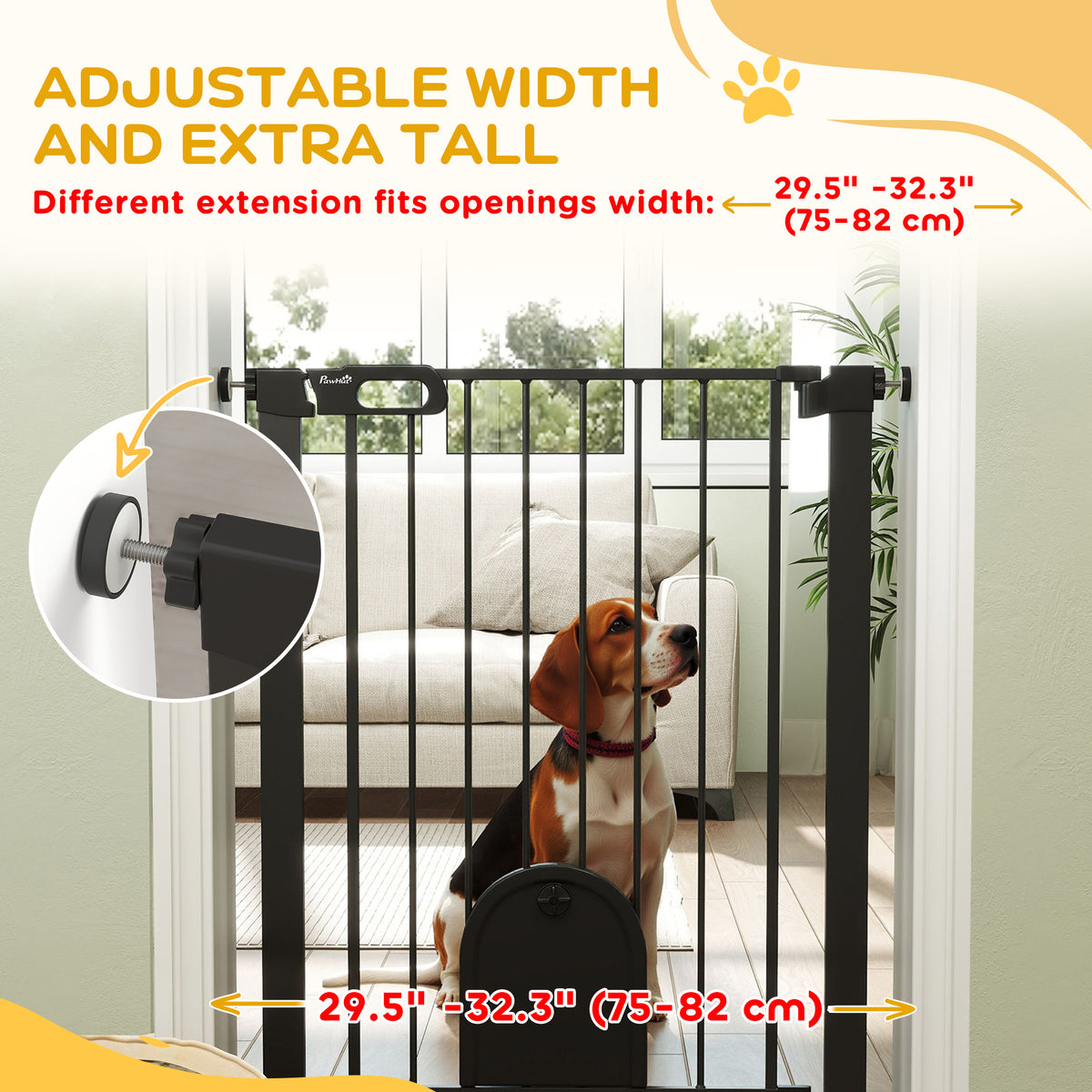 30"-32" Extra Wide Pet Gate with Small Door - 35"H Black Metal-Dogs-DECOROLALA