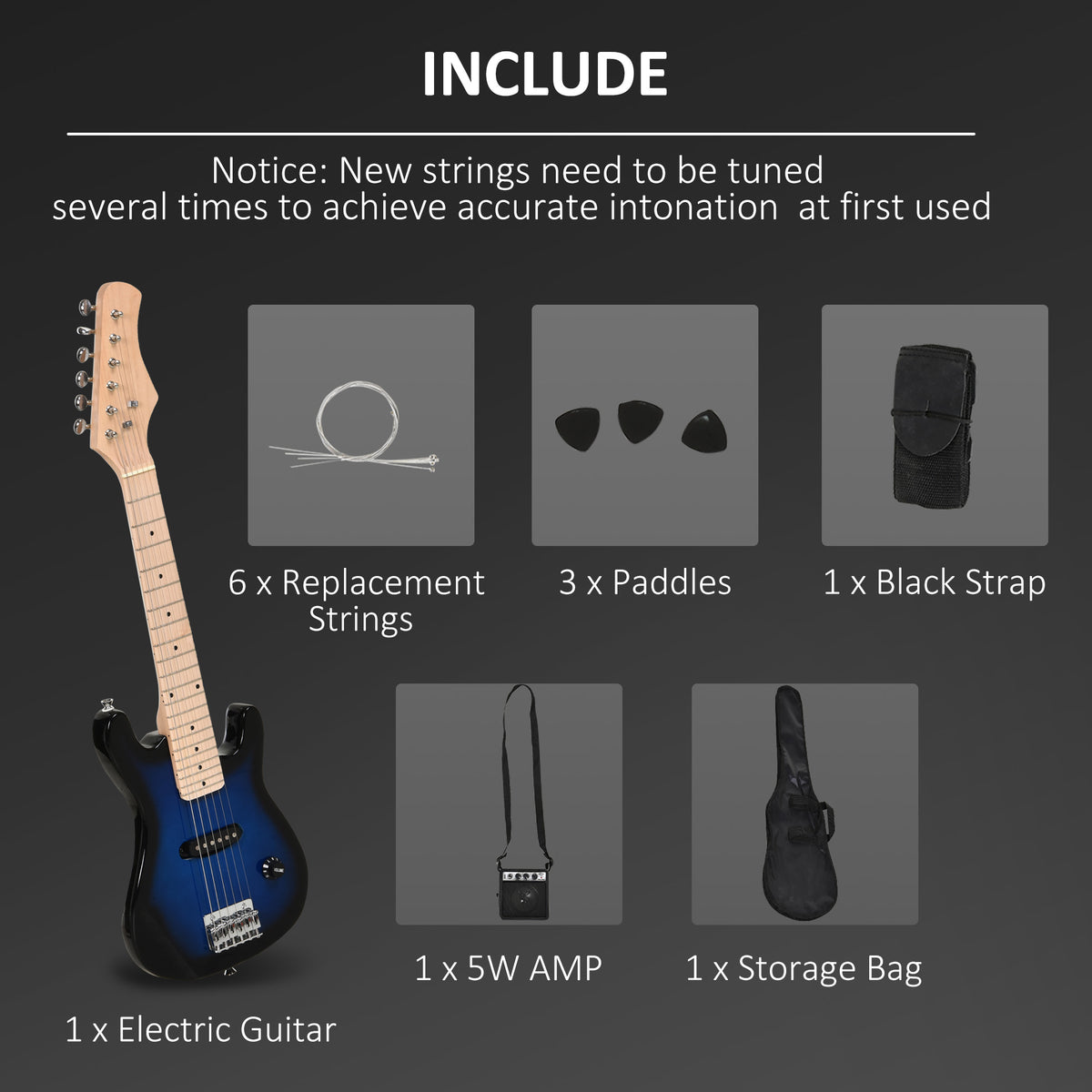 30 Inch Electric Guitar 3/4 Size Beginner Starter Kit with 5W Amplifier, Strap, Strings, Picks, Carrying Case, Blue-Toys & Games > Baby & Toddler Toys > Electronic Musical Pianos-DECOROLALA