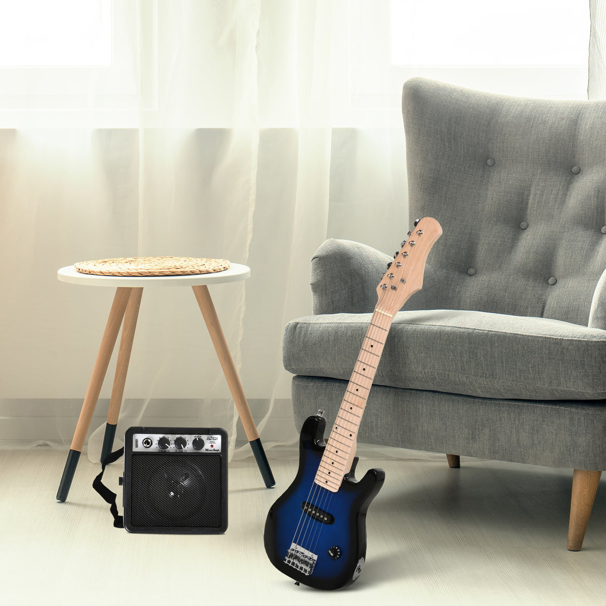30 Inch Electric Guitar 3/4 Size Beginner Starter Kit with 5W Amplifier, Strap, Strings, Picks, Carrying Case, Blue-Toys & Games > Baby & Toddler Toys > Electronic Musical Pianos-DECOROLALA