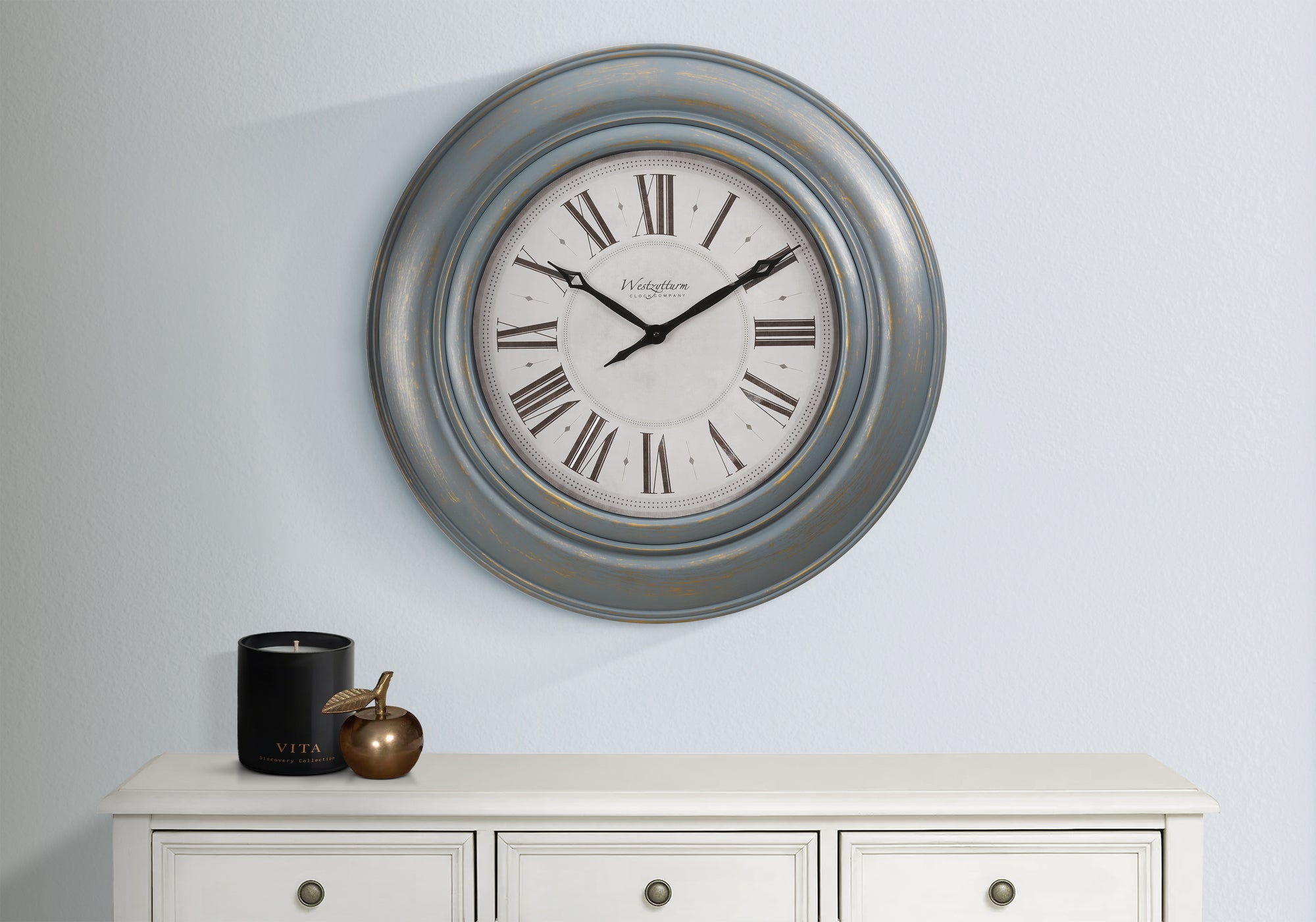 30" Antique Blue Wall Clock with Roman Numerals-Clocks-DECOROLALA