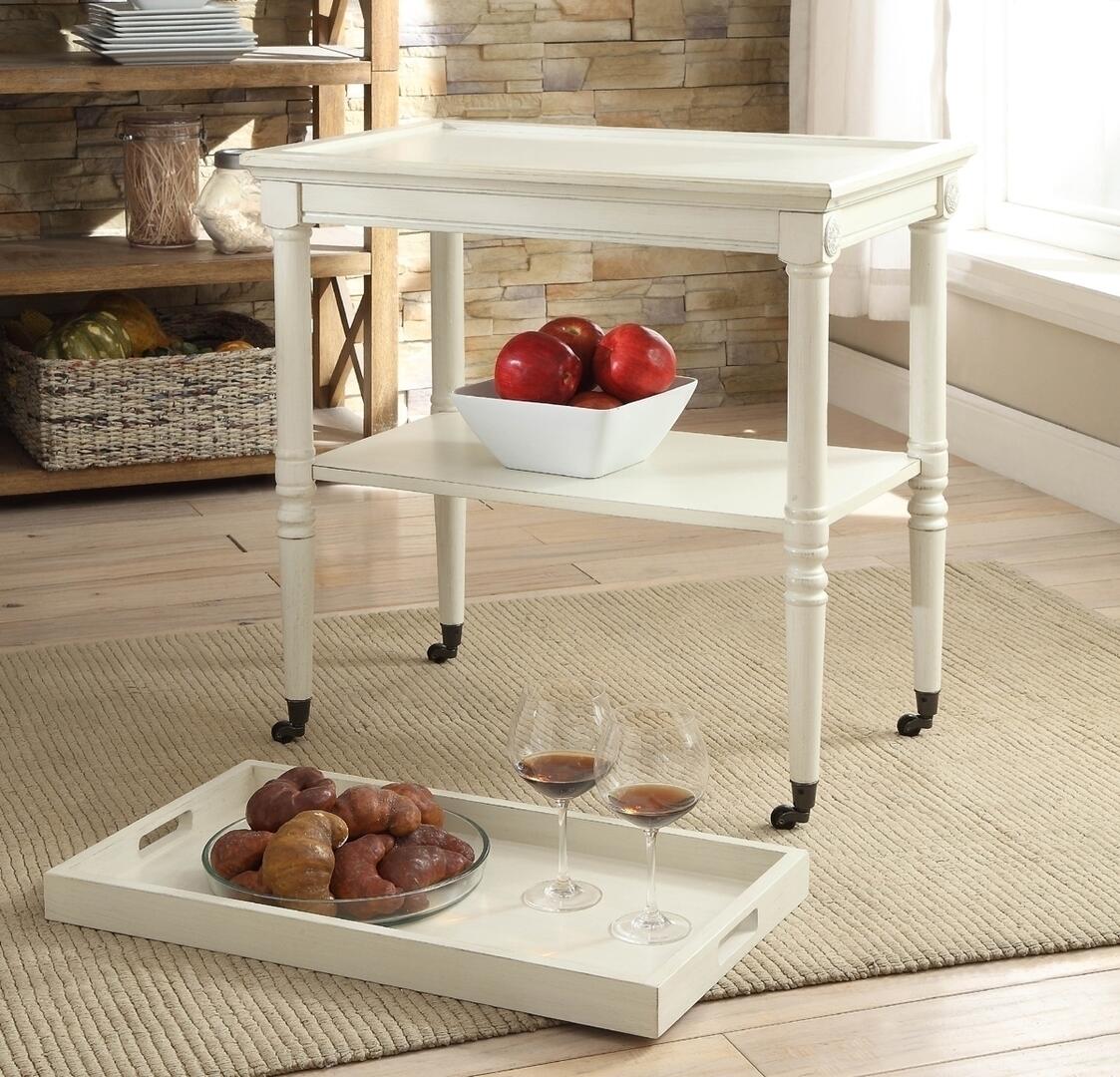 30" Antiqued White Wood Rolling Bar Cart-Bar Cart-DECOROLALA