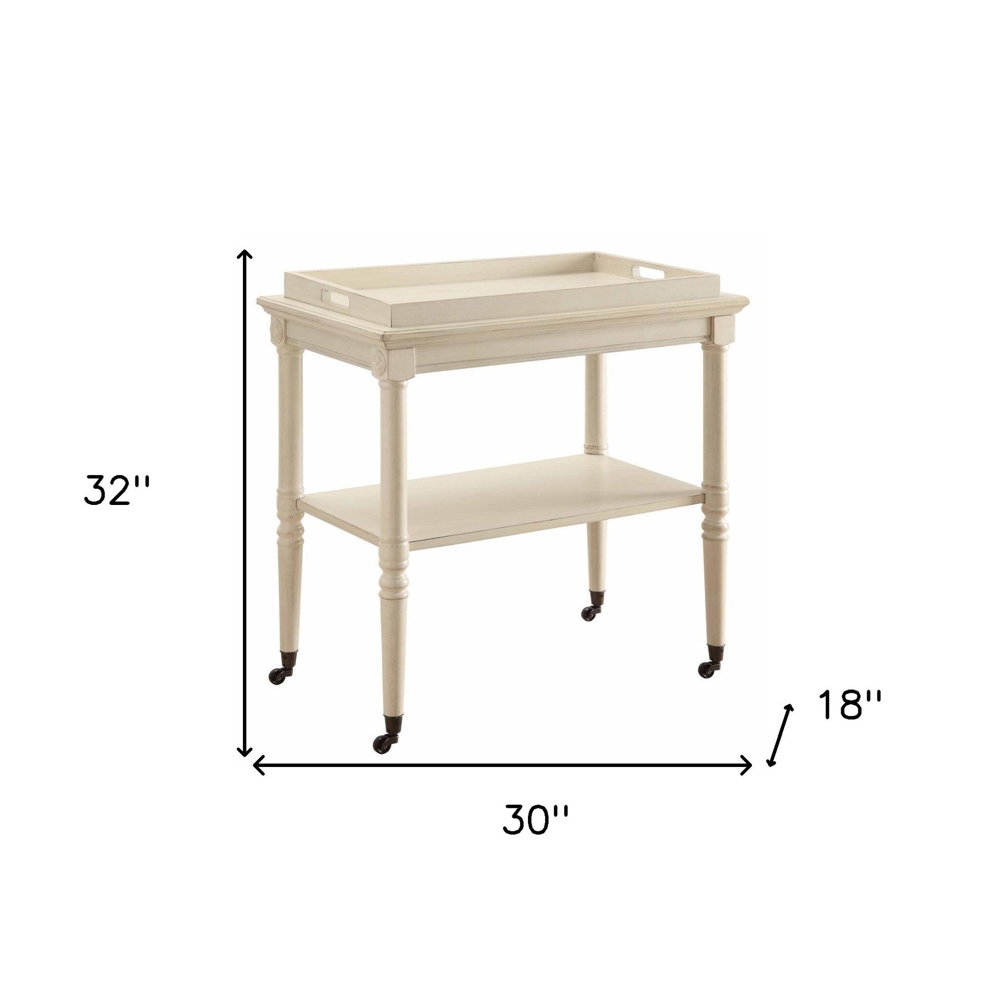 30" Antiqued White Wood Rolling Bar Cart-Bar Cart-DECOROLALA