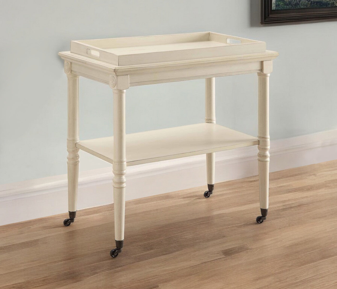 30" Antiqued White Wood Rolling Bar Cart-Bar Cart-DECOROLALA
