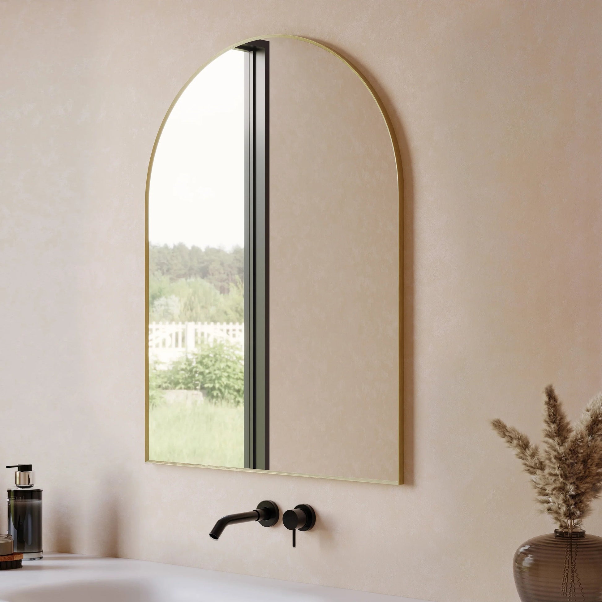 30" Arched Aluminum Frame Bathroom Mirror in Brushed Gold-Migration_Mirrors-DECOROLALA