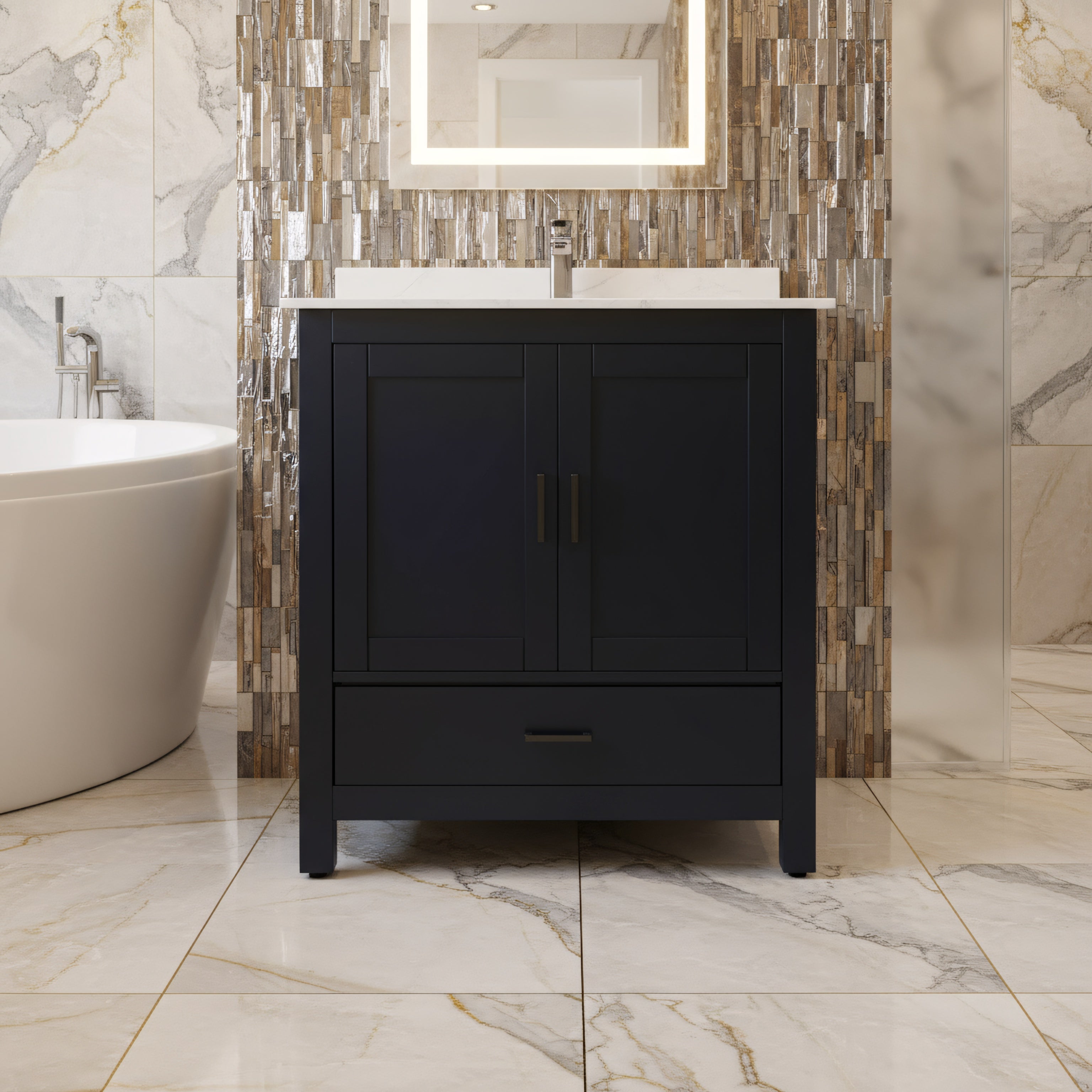 30" Black Freestanding Bathroom Vanity with Engineered Calcutta Marble Countertop-Migration_Bathroom Vanities-DECOROLALA