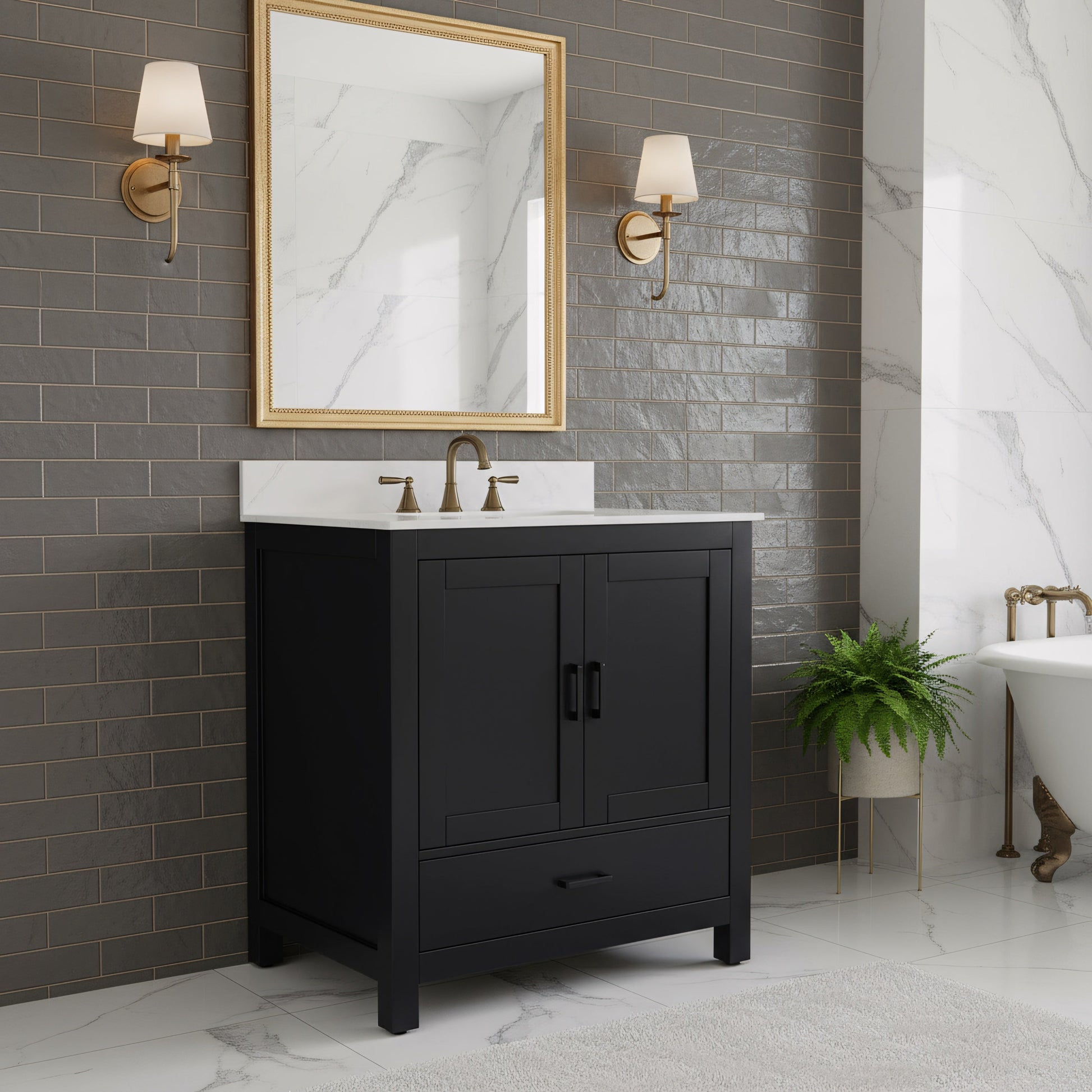 30" Black Freestanding Bathroom Vanity with Engineered Calcutta Marble Countertop-Migration_Bathroom Vanities-DECOROLALA