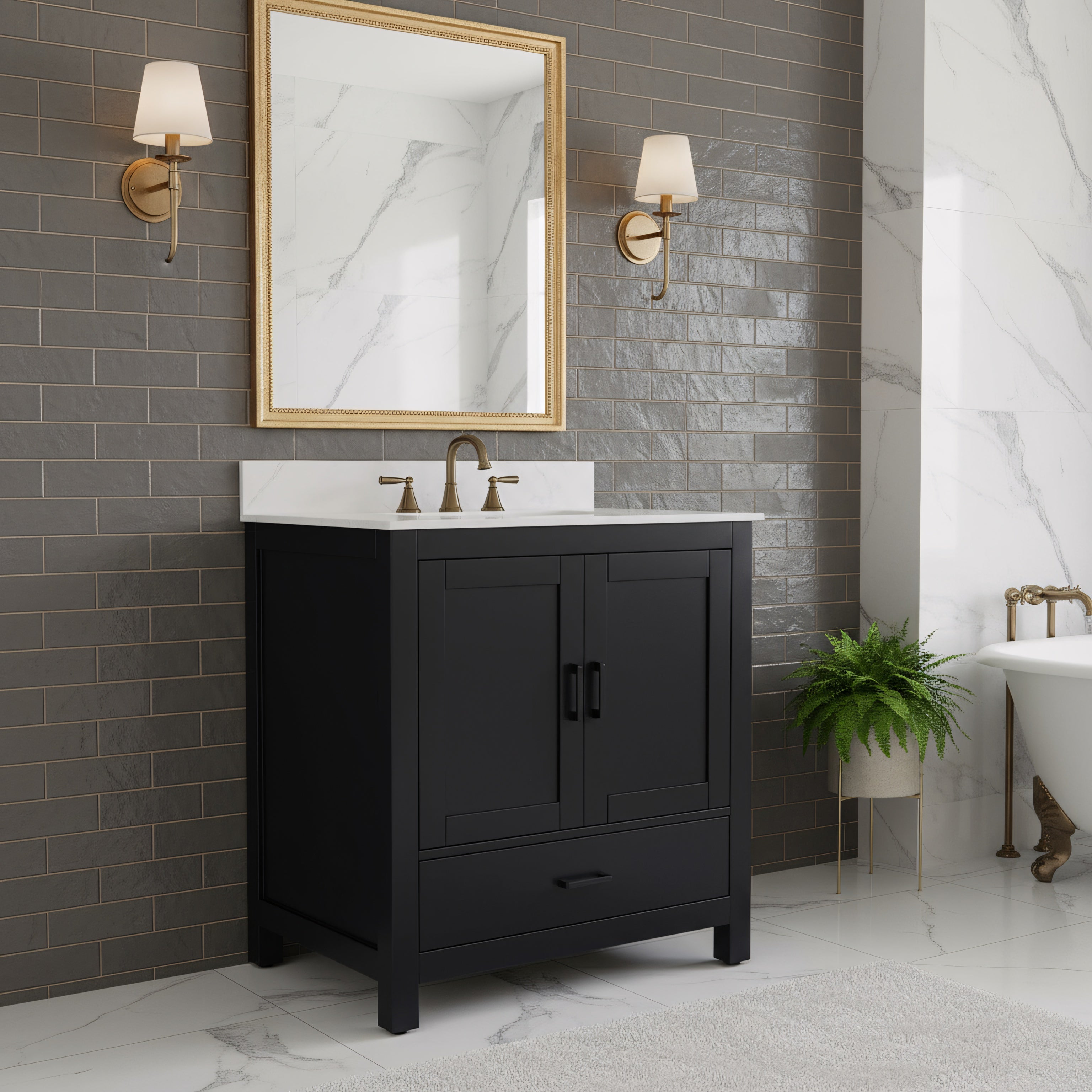 30" Black Freestanding Bathroom Vanity with Engineered Calcutta Marble Countertop-Migration_Bathroom Vanities-DECOROLALA