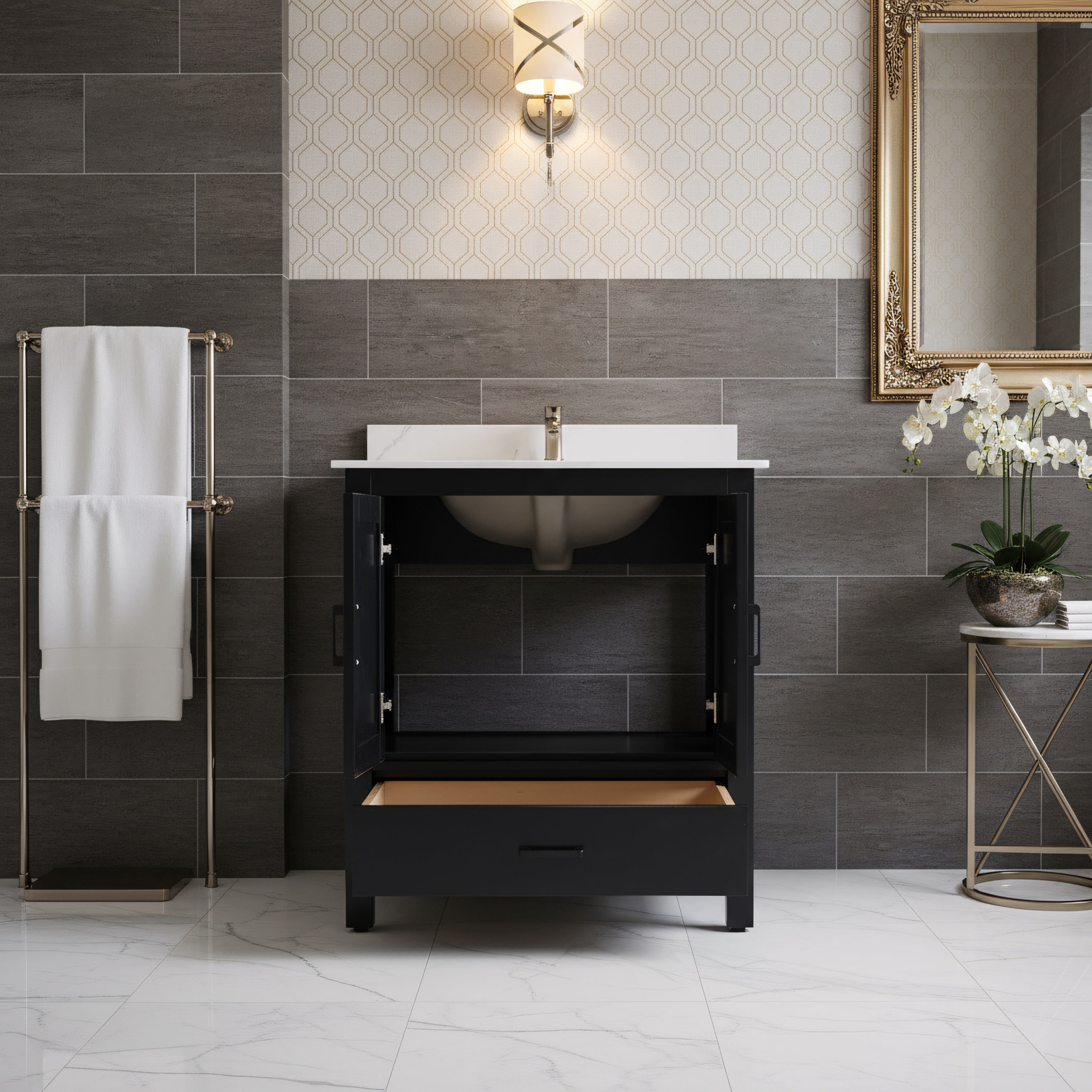 30" Black Freestanding Bathroom Vanity with Engineered Calcutta Marble Countertop-Migration_Bathroom Vanities-DECOROLALA