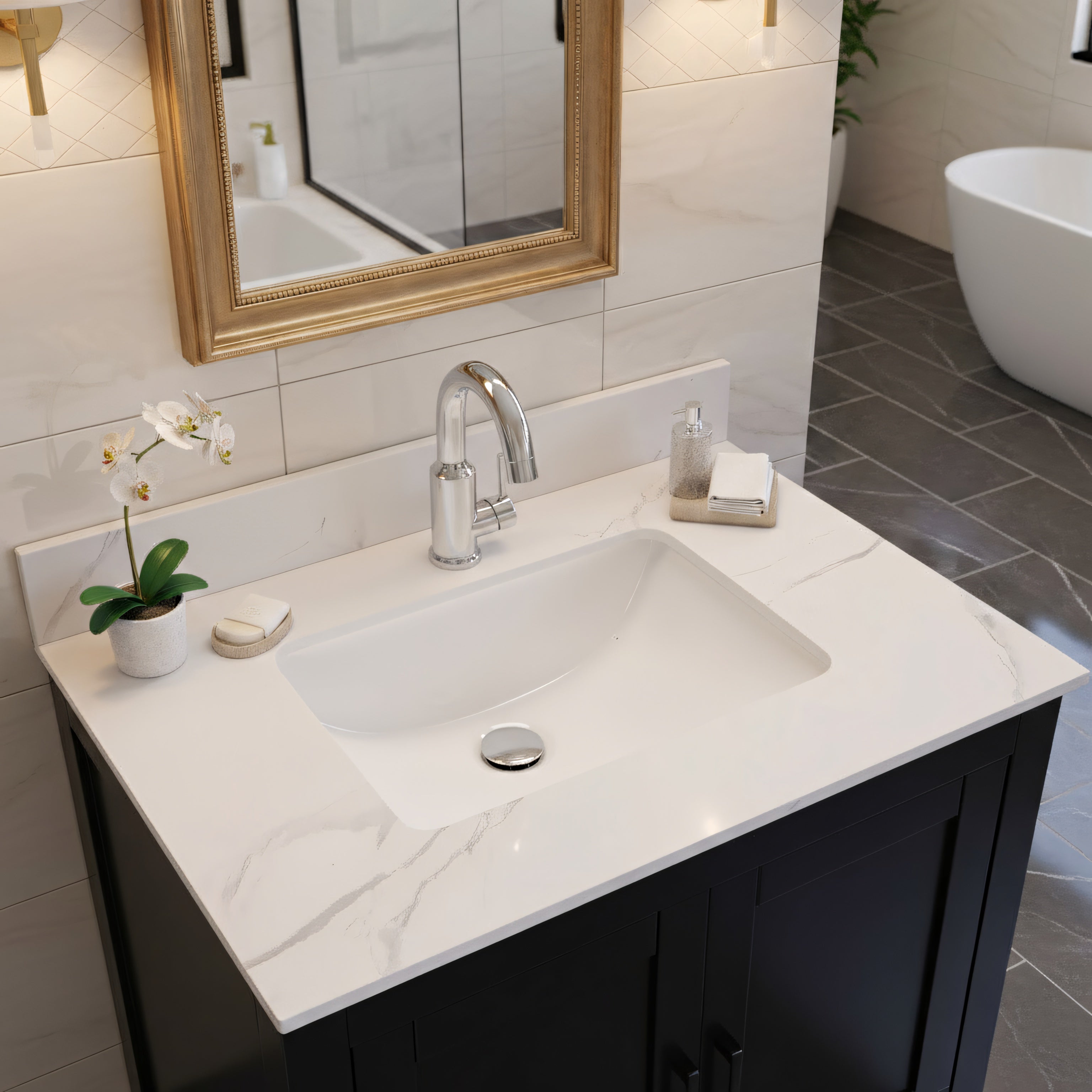 30" Black Freestanding Bathroom Vanity with Engineered Calcutta Marble Countertop-Migration_Bathroom Vanities-DECOROLALA