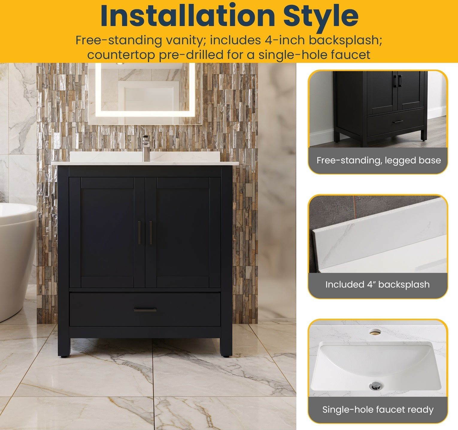 30" Black Freestanding Bathroom Vanity with Engineered Calcutta Marble Countertop-Migration_Bathroom Vanities-DECOROLALA