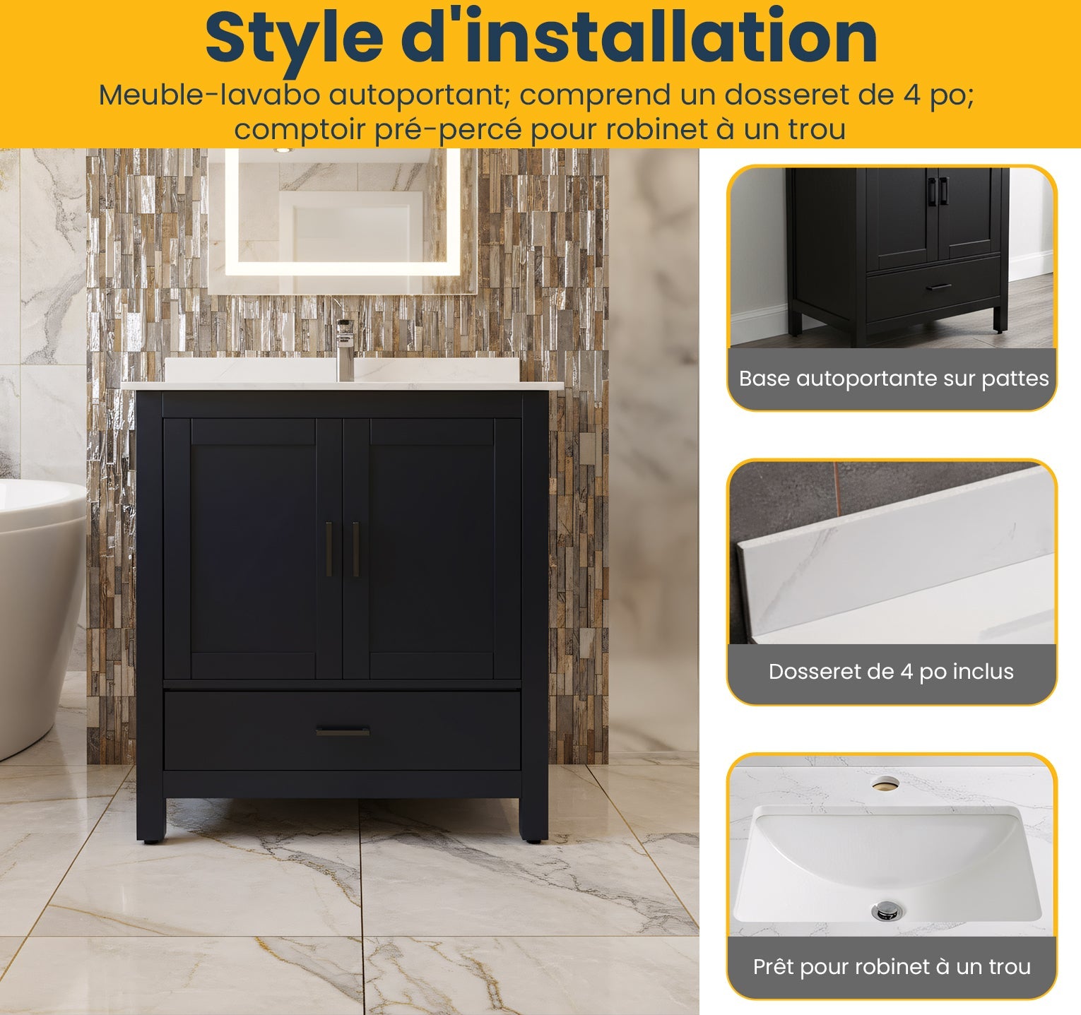 30" Black Freestanding Bathroom Vanity with Engineered Calcutta Marble Countertop-Migration_Bathroom Vanities-DECOROLALA