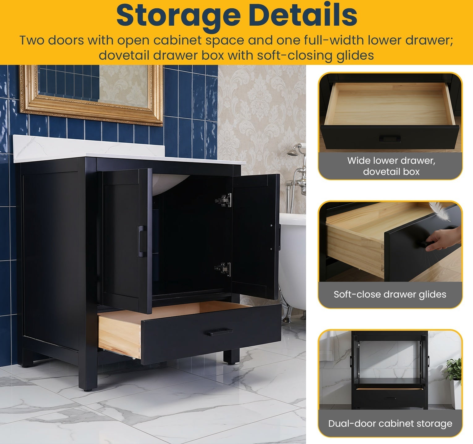 30" Black Freestanding Bathroom Vanity with Engineered Calcutta Marble Countertop-Migration_Bathroom Vanities-DECOROLALA