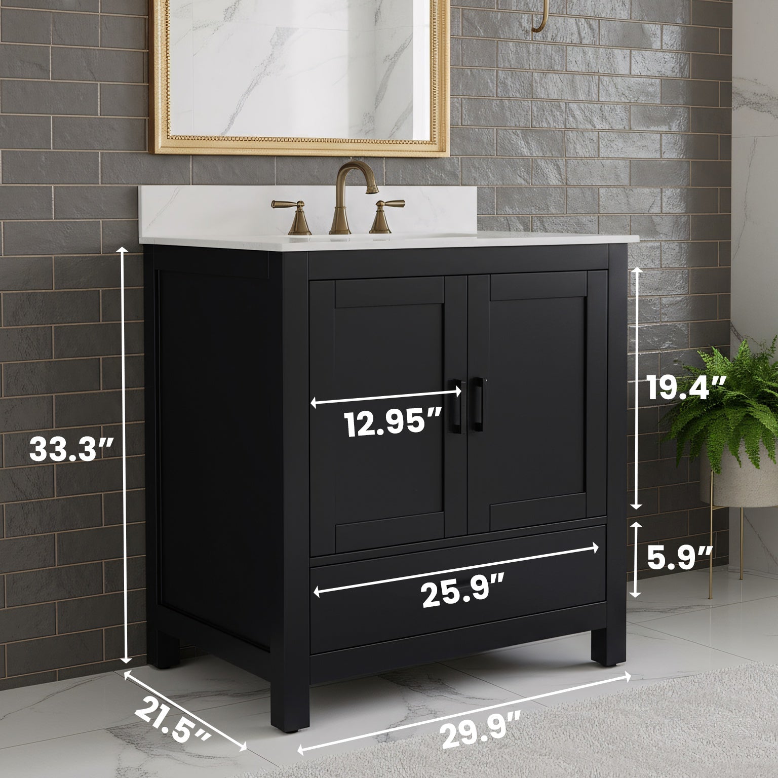 30" Black Freestanding Bathroom Vanity with Engineered Calcutta Marble Countertop-Migration_Bathroom Vanities-DECOROLALA