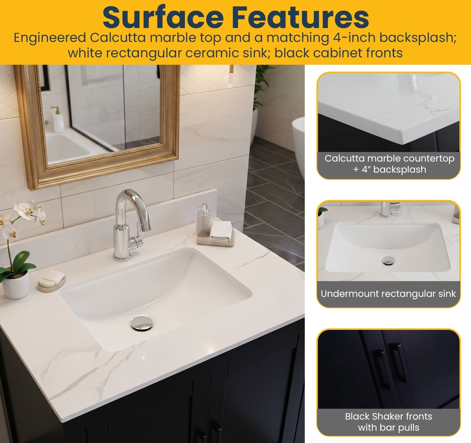 30" Black Freestanding Bathroom Vanity with Engineered Calcutta Marble Countertop-Migration_Bathroom Vanities-DECOROLALA