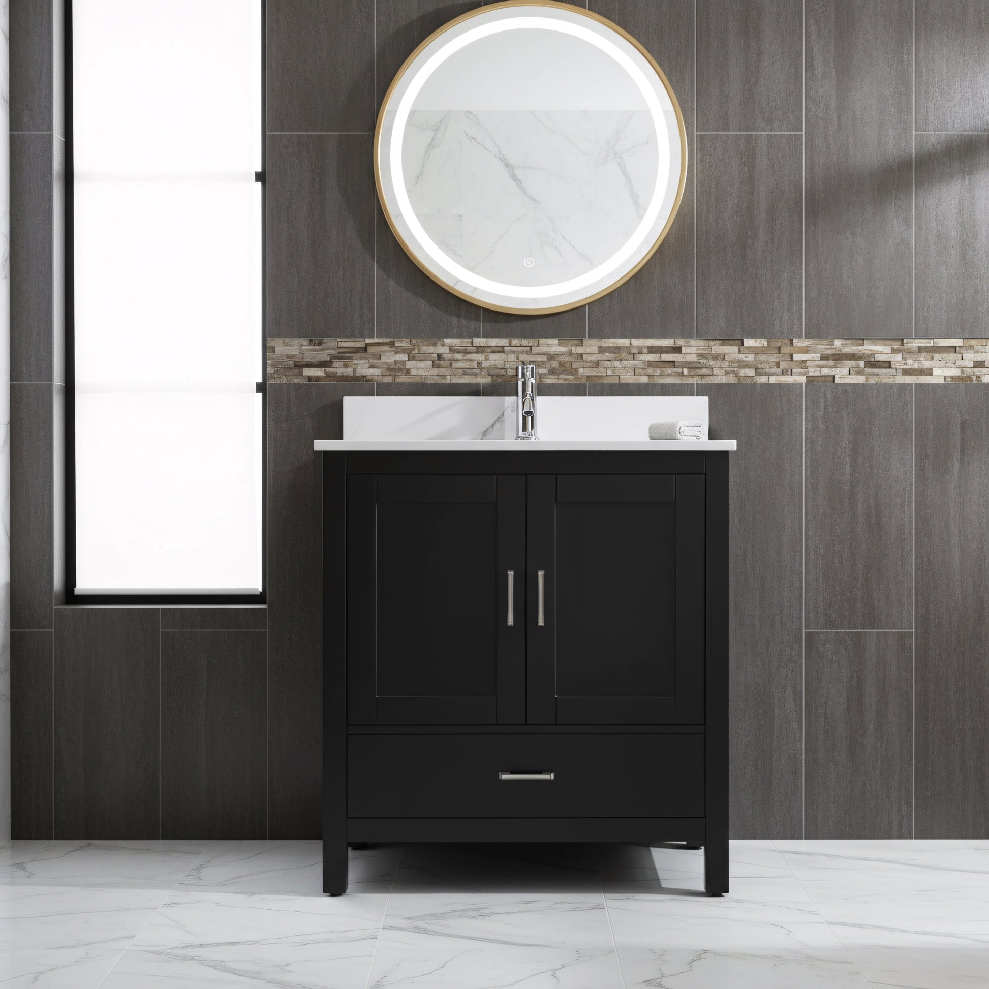 30" Black Freestanding Single Sink Bathroom Vanity with Engineered Calcutta Marble Countertop-Migration_Bathroom Vanities-DECOROLALA